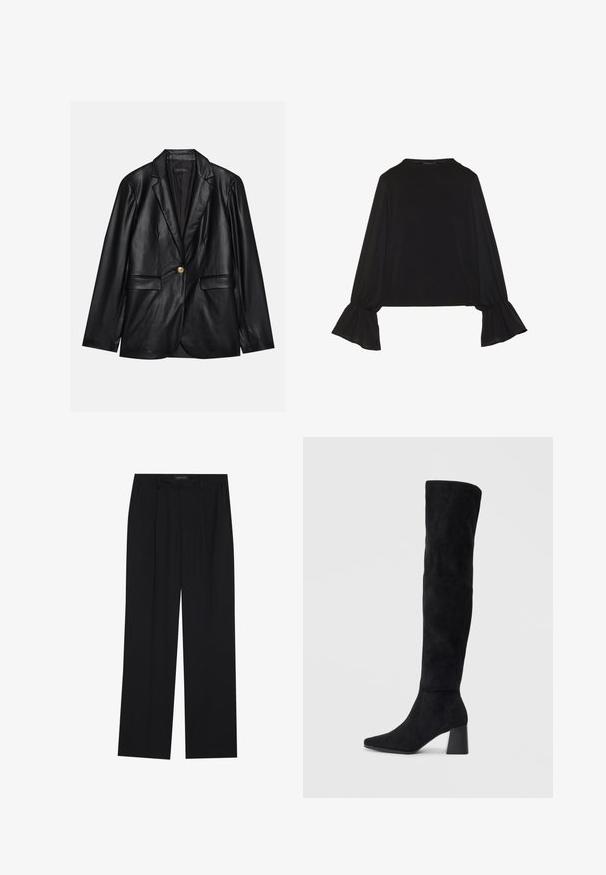 Melnas ādas žakete ar ieliektām atlokām, vienu zelta pogu aizdari, divām priekšējām kabatām un gludu apdari. Iekšējā odere ir tumša.; Melna garām piedurknēm krekls ar izplestu aproču, maigu tekstūru un brīvu piegriezumu, ar vienkāršu apaļu dekoltē.; Melni bikses ar taisnu kāju dizainu, kurām ir divi priekšējie kabatas un jostasvieta. Izgatavotas no gludas, vieglas auduma.; Melna zamšāda līdz ceļiem, ar blokveida papēdi, norādītu purngalu un gludu, bezšuvju dizainu uz vienkārša gaiša fona.