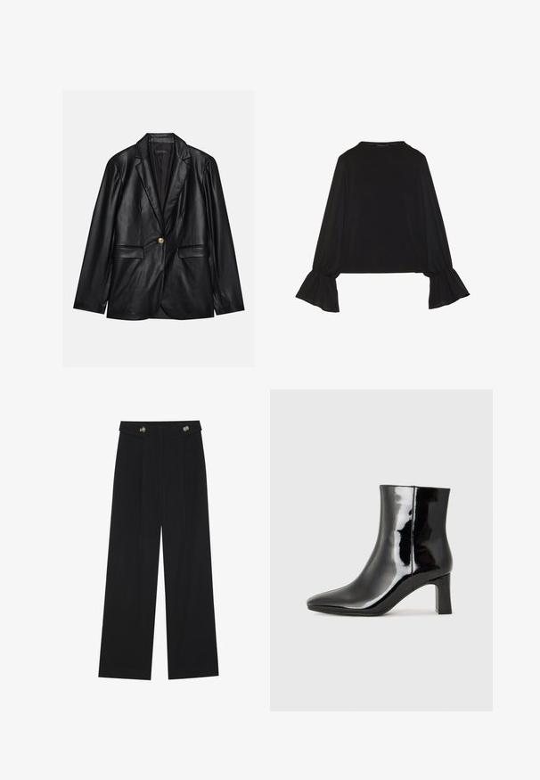 Črni usnjeni blejzer z izrezanim ovratnikom, enojnim zlatim gumbom, dvema sprednjima žepoma in gladko površino. Notranja podloga je temna.; Črn dolg rokav vrh z razširjenimi manšetami, mehko teksturo in sproščenim krojem, z preprostim okroglim izrezom.; Črne široke hlače s visokim pasom, gumbnimi detajli na pasu in sprednjimi gubami.; Črne lakirane gležnjarje z ošiljenim nosom in srednje visokim blokastim peto. Gladka tekstura in minimalističen dizajn.