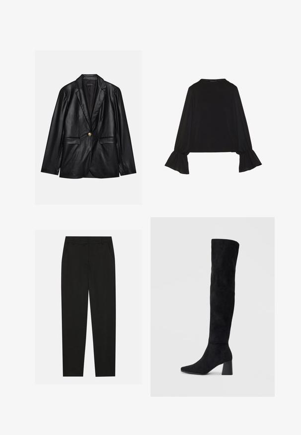Svart läderblazer med kavajkrage, enkel guldkknapp, två framfickor och slät yta. Inre foder är mörkt.; Svart långärmad topp med utställda ärmslut, mjuk textur och avslappnad passform, med en enkel rund halsringning.; Svarta byxor med skräddarsydd design, med sidofickor och raka ben. Tillverkade av ett mjukt, lätt tyg med en stilren finish.; Svarta mocka knähöga stövlar med klack, spetsig tå och slät, sömlös design mot en ljus, enfärgad bakgrund.
