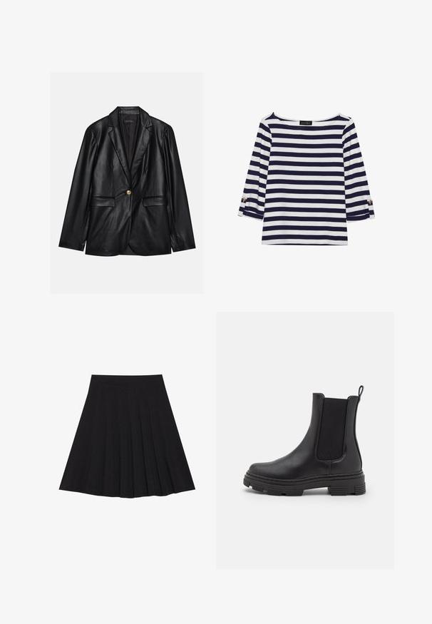 Fekete bőr blézer, kihajtott gallérral, egyetlen arany gombbal záródik, két elülső zsebbel rendelkezik, és sima felülettel bír. Belső bélése sötét színű.; Tengerészkék és fehér csíkos, hosszú ujjú blúz, hajónyakkal és aranygombos díszítésekkel a felhajtott ujjain. Puha anyag, lazán illeszkedő fazon.; Fekete, pliszírozott szoknya texturált anyagból, szűk derékpánttal. Térd alá ér, sima, letisztult vonalvezetéssel.; Fekete bőrből készült bokacsizma, elasztikus oldalpanellel, kerek orral és textúrált gumitalppal. Hátulján hurok található a könnyű felhúzás érdekében.