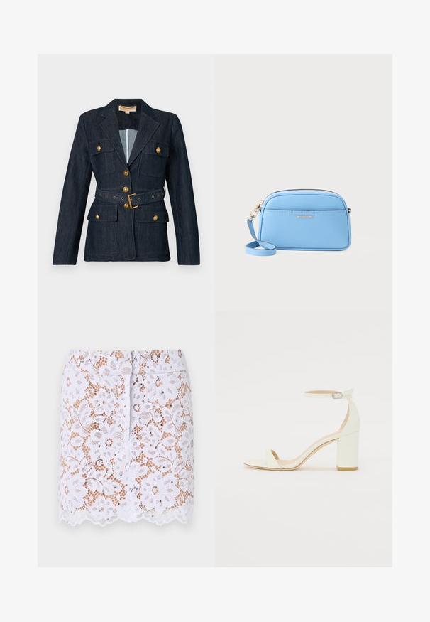 Donkere denim blazer met gouden knopen en riem, voorzien van vier klepzakken en een notch-kraag.; Lichtblauw, kort mouwend, gebreid topje met verticale ribbelstructuur en een ronde halslijn. De stof vertoont subtiele details met een fitted zoom.; Witte kanten rok met bloemenpatroon, gegolfde zoom en discrete versieringen. Heeft een getailleerd ontwerp en een verborgen ritssluiting achter.; Witte leren sandaal met blokhak, voorzien van een enkelsluitsel met een gesp en een minimalistisch design. Open teen en gladde texturen overal.; Lichtblauwe leren crossbody tas met goudkleurige hardware, ritsluiting en een voorvak. Voorzien van een verstelbare schouderband voor gemak.
