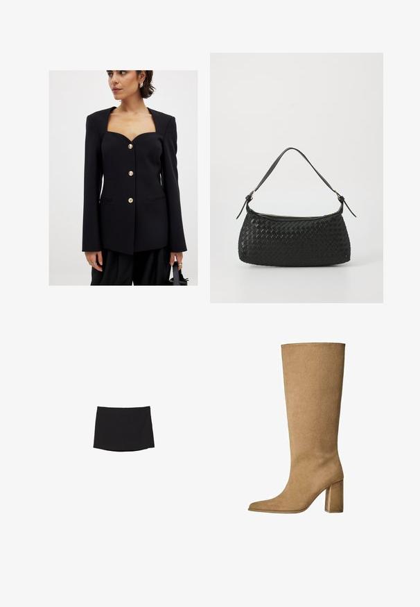 Črn usklajen blazer s kvadratnim izrezom, dolgimi rokavi in zlatimi dekorativnimi gumbi. Ima dva sprednja žepa in gladko teksturo.; Črn dolg rokav majica z strukturiranim, odprtim pletenjem, ki ima širok krožni izrez in zavezovanje zadaj.; Črna mini krilo iz gladkega, raztegljivega blaga; ima ravno rez z diskretnim robom in brez vidnih zapiranj ali vzorcev.; Tanki suede škornji do kolen v bež barvi z blok peto, z ošiljenim nosom in gladko teksturo. Minimalističen dizajn brez okraskov.; Črna tkana torba za ramo s gladkim usnjenim trakom in zadrgo. Ima teksturirano površino in ukrivljeno obliko.