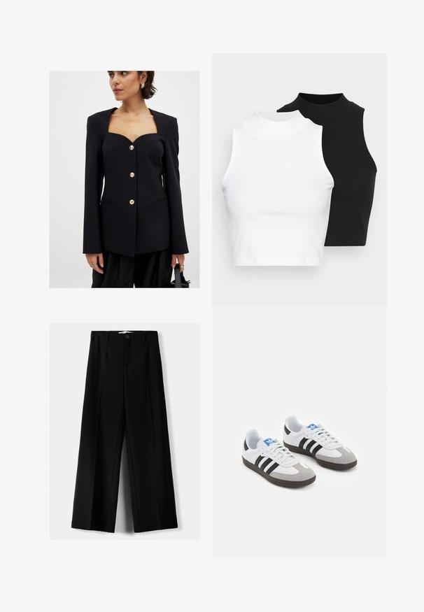 Black tailored blazer with a square neckline, long sleeves, and gold decorative buttons. Features two front pockets and a smooth texture.; Two sleeveless ribbed turtleneck tops in black and white, featuring a fitted design and smooth texture, with cropped length.; Black wide-leg trousers made of lightweight fabric, featuring a front button closure and flat front, with neatly stitched hems.; Sport shoes with a white leather upper, gray suede toe, and three black stripes. Features a blue logo on the tongue and a textured rubber sole.