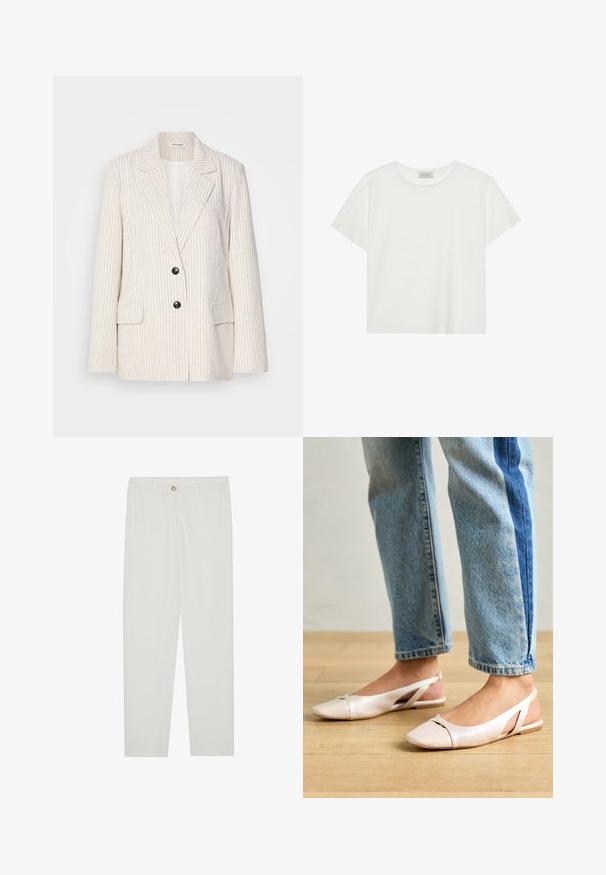 Krémový blazer s vertikálními pruhy, s klopami, dvěma černými knoflíky a předními kapsami. Texturovaná tkanina s pevným střihem.; Bílé tričko s krátkým rukávem vyrobené z měkké bavlny. Má kulatý výstřih a volný střih. Čistý design bez viditelných vzorů nebo akcentů.; Bílé kalhoty na míru s rovnými nohavicemi, se zapínáním na knoflík, poutky na opasek a bočními kapsami; hladká struktura látky.; Světle růžové slingback baleríny s špičatou špičkou, vyrobené z hladkého koženému materiálu. Obsahují vystřihovací detaily po stranách a plochý podpatek.