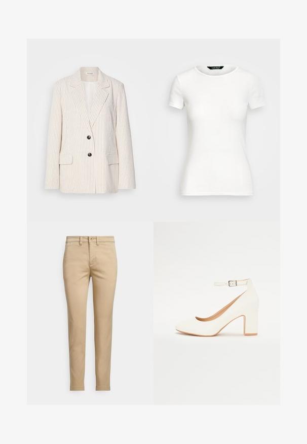 Blazer de cor creme com riscas verticais, lapelas ajustadas, dois botões pretos e bolsos frontais. Tecido texturizado com um corte estruturado.; T-shirt branco de algodão com mangas curtas, gola redonda, design ajustado e textura suave. Etiqueta do logotipo na gola.; Calças chino bege de algodão com corte direito, com fecho de botão, bolsos frontais e costuras decorativas ao longo das costuras.; Sandalha branca de salto alto com ponta afiada, salto bloco e tira no tornozelo. Acabamento suave com um brilho subtil e forro bege.