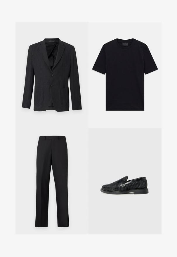 Czarnoszary żakiet wykonany z teksturowanej tkaniny, z klapami w kształcie litery V, dwoma przednimi kieszeniami i dwoma guzikami. Wnętrze podszewki w czarnym kolorze.; Czarna krótko rękawowa koszulka z okrągłym dekoltem, z delikatnym wytłoczonym wzorem i metką marki wewnątrz kołnierza, ułożona na płasko na białym tle.; Czarne spodnie o prostych nogawkach wykonane z gładkiej tkaniny. Posiadają standardowy pas i nie mają widocznych wzorów ani zdobień.; Czarny, pleciony but wsuwany z gładkim skórzanym akcentem na cholewce, o okrągłym nosku i niskoprofilowej gumowej podeszwie.