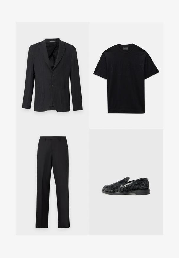Tmavosivý blazer vyrobený z textúrovanej látky, s klopou na golieri, dvoma prednými vreckami a dvoma gombíkmi. Interiér je podšitý čiernou látkou.; Čierne tričko s krátkym rukávom s jemným perforovaným vzorom a slabým embosovaným logom na hrudi, okrúhly výstrih.; Čierne nohavice s rovnými nohavicami vyrobené z hladkej látky. Majú štandardný pás a žiadne viditeľné vzory alebo ozdoby.; Čierne tkané slip-on topánky s hladkým koženým akcentom na vrchnej časti, s okrúlym dizajnom špičky a nízkoprofilovou gumovou podrážkou.