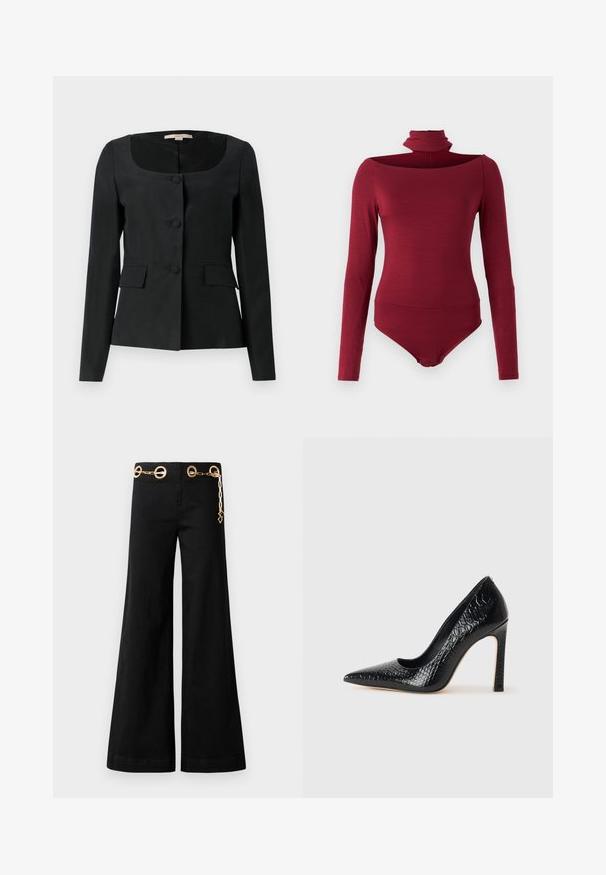 Zwarte maatjasje met een ronde halslijn, lange mouwen, drie knopen aan de voorkant en twee klepzakken. Glad textuur, gestructureerde pasvorm.; Body met lange mouwen, hoge kraag en een off-shoulder ontwerp in een effen bordeauxkleur. Gemaakt van een zachte, rekbare stof.; Zwarte wijde broek van katoen, met gouden ronde hardware en een kettingdetail op de tailleband. Soepele textuur, strakke snit.; Zwarte puntige hoge hak schoen met een krokodillenleren textuur, met een slank ontwerp, hoge stiletto-hak, en een gladde zwarte binnenkant.