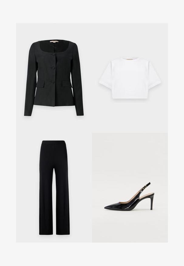 Juodas pritaikytas švarkas su apvaliu kaklu, ilgomis rankovėmis, trimis priekiniais mygtukais ir dviem kišenėmis su atvartais. Lygus paviršius, struktūrizuotas siluetas.; Trumpas baltas marškinėliai iš minkštos medžiagos, su trumpomis rankovėmis, apvaliu iškirpimu ir raukšlėtais hemų detalėmis. Paprastas ir be puošmenų dizainas.; Juodos platus kojas kelnes, pagamintos iš lygios, tamprios medžiagos. Turi elastinį juosmenį ir jokios matomos uždarymo ar kišenių.; Juodas lakinės odos slingback batelis su smailiu nosiu, plonu kulnu ir subtiliu išpjovos dizainu. Yra auksinė sagtis ant dirželio.