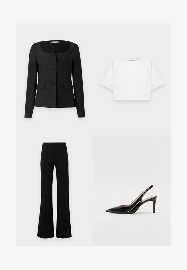 Mustast kohandatud jakk kuldsete nurkadega, ümmarguse kaeluse, pikkade varrukate, kolme ees oleva nööbiga ja kahe klapiga taskuga. Sile tekstuur, struktureeritud istuvus.; Lühikeste varrukatega, pehmest kangast lõigatud valge T-särk, millel on ümar kaelus ja soonikuga ääred. Lihtne ja ilma kaunistusteta disain.; Mustad põlvpüksid kõrge vöökohaga, valmistatud venivast kangast. Esiküljel on vertikaalsed õmblusdetailid ja sile tekstuur.; Must hõbedavärvi patendiga slingback kontsakingad terava varbaga, kitsas konts ja peene lõikega disain. Statistika on kuldne pandla rihmal.