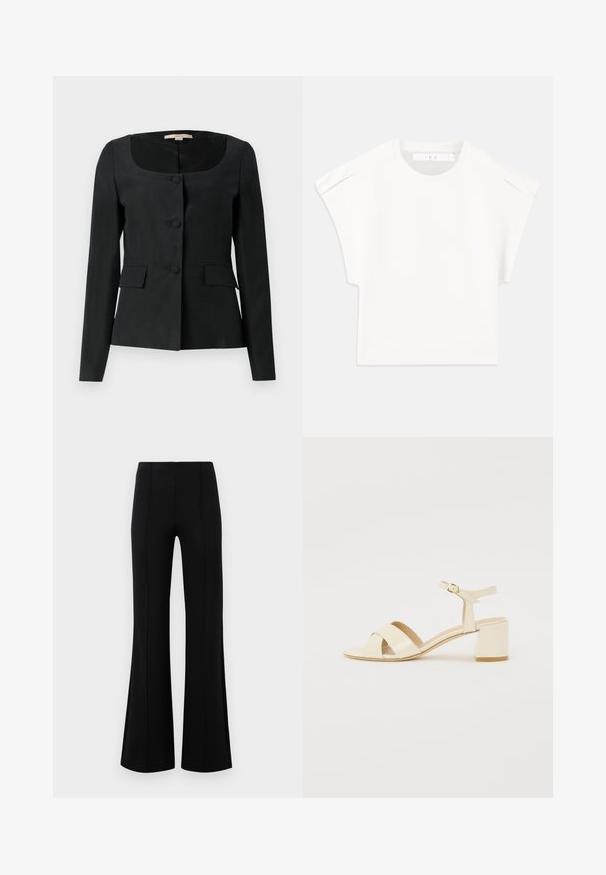 Crna krojena jakna s okruglim izrezom, dugim rukavima, tri prednja gumba i dva džepa s preklopom. Glatka tekstura, strukturirani kroj.; Bijela majica u kutijastom kroju s kratkim rukavima. Izrađena od glatkog materijala, sa okruglim izrezom i suptilnim naglascima na ramenima. Jednostavan dizajn.; Crne siraste hlače visokog struka, izrađene od rastezljivog materijala. Imaju vertikalne šavove sprijeda i glatku teksturu.; Bež sandale od lakirane kože na visokoj peti s dizajnom preklopnog remena, otvorenim prstima, podesivim remenom oko gležnja i blok petom. Glatka tekstura.