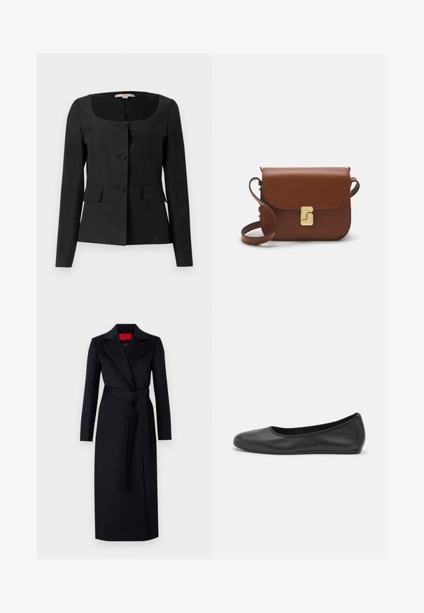 Black tailored jacket with a rounded neckline, long sleeves, three front buttons, and two flap pockets. Smooth texture, structured fit.; White short-sleeve t-shirt made of ribbed fabric. Round neckline, regular fit, and subtle stitching details. No patterns or graphics.; Black trench coat with long sleeves, wrap design, and matching belt. Made of smooth fabric, features a notched collar and side pockets.; Black leather ballet flat with a rounded toe, smooth texture, minimal stitching detail, and a flexible sole design.; Brown leather handbag with a flap closure, gold-tone hardware, a shoulder strap, and a smooth texture. Compact rectangular shape.