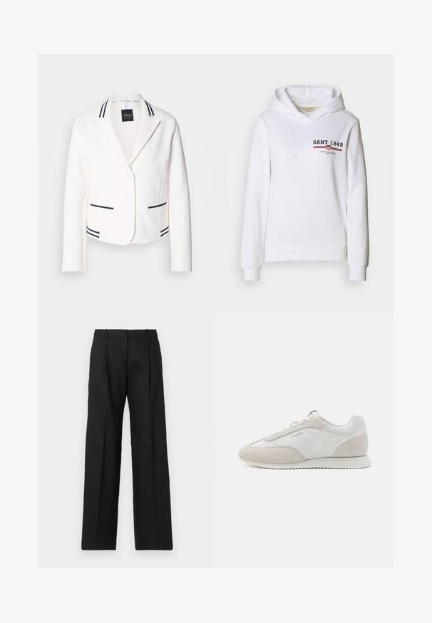 White cropped blazer with a notch lapel, two black-striped pockets, and matching trim. Features two buttons and a smooth texture.; White hoodie made of soft fabric, featuring a front logo with "GANT 1949" and red/blue striped accents, with long sleeves and a drawstring hood.; Black tailored trousers with a straight-leg design, featuring sharp pleats and a smooth texture. Crafted from a lightweight fabric.; Light-colored sneakers featuring a mix of white leather and beige suede, with a textured sole and minimal branding on the side.