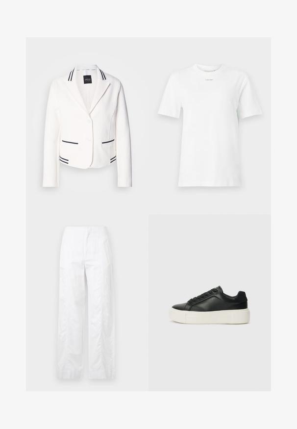 Blazer bianco corto con rever a punta, due tasche a strisce nere e dettagli abbinati. Presenta due bottoni e una texture liscia.; T-shirt bianco in cotone con colletto rotondo, maniche corte e un piccolo logo nero "Calvin Klein" sul petto. Design semplice, senza motivi.; Pantaloni bianchi a gamba larga realizzati in tessuto leggero, con una texture liscia, linee pulite e un design a vita alta.; Sneaker in pelle nera con punta arrotondata, suola piatta bianca e lacci neri. Presenta un logo sottile sul tallone e una texture liscia.