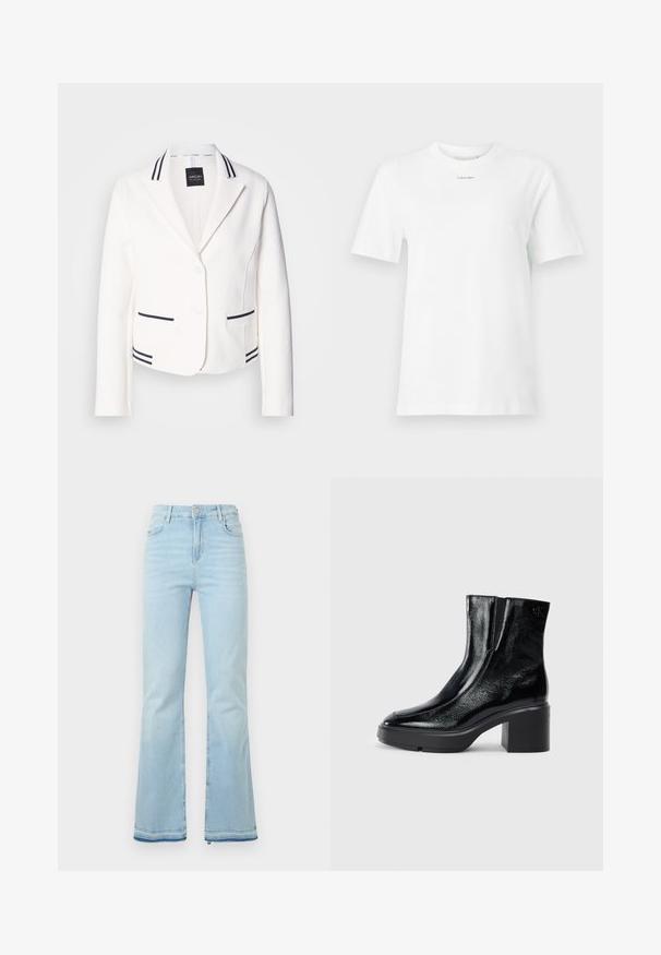 Blazer blanc court avec un revers cranté, deux poches à rayures noires et des finitions assorties. Présente deux boutons et une texture lisse.; T-shirt en coton blanc avec un col rond, des manches courtes et un petit logo noir "Calvin Klein" sur la poitrine. Design simple, sans motifs.; Jean flare bleu clair en denim, avec une taille haute, des poches avant et un ourlet brut au niveau des poignets pour un look décontracté.; Bottines en cuir verni noir avec un bout arrondi, des panneaux latéraux en élastique et un talon épais. Comprend un logo embossé à l'arrière.