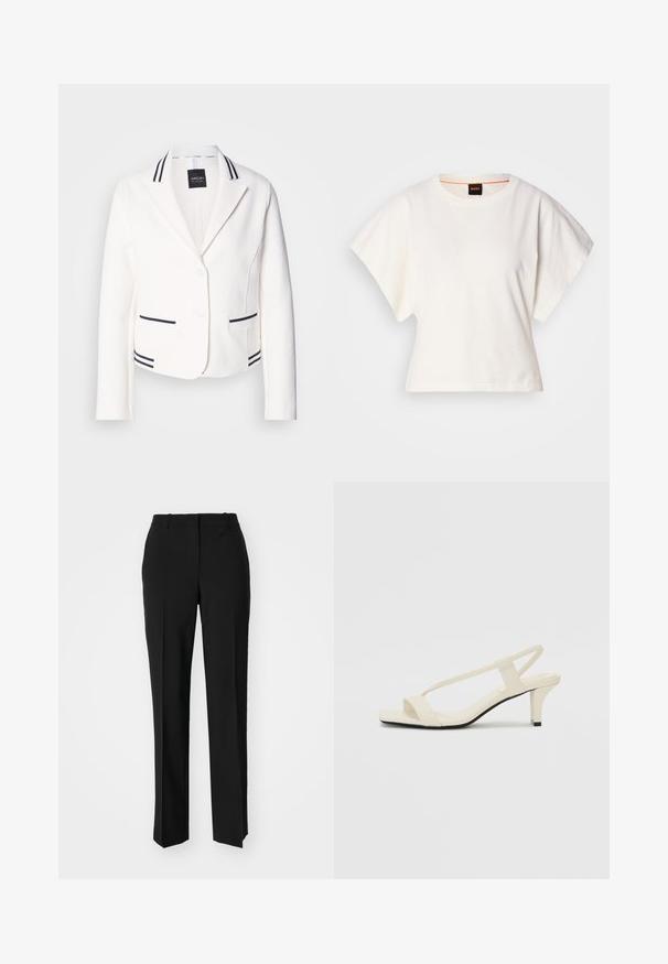 White cropped blazer with a notch lapel, two black-striped pockets, and matching trim. Features two buttons and a smooth texture.; White cropped T-shirt, short wide sleeves, soft cotton material, round neckline with subtle orange trim, minimal design, no patterns or graphics.; Black tailored trousers with a straight-leg design, featuring a smooth texture and crisp creases along the front. No visible hardware.; Beige block-heeled sandals with thin straps and a square toe. Smooth material with minimal detailing, designed for easy wear.
