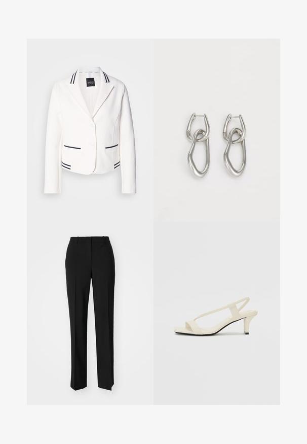 White cropped blazer with a notch lapel, two black-striped pockets, and matching trim. Features two buttons and a smooth texture.; White cropped T-shirt, short wide sleeves, soft cotton material, round neckline with subtle orange trim, minimal design, no patterns or graphics.; Black tailored trousers with a straight-leg design, featuring a smooth texture and crisp creases along the front. No visible hardware.; Beige block-heeled sandals with thin straps and a square toe. Smooth material with minimal detailing, designed for easy wear.; Calvin Klein STATEMENT LINKS - Earrings - silver-coloured