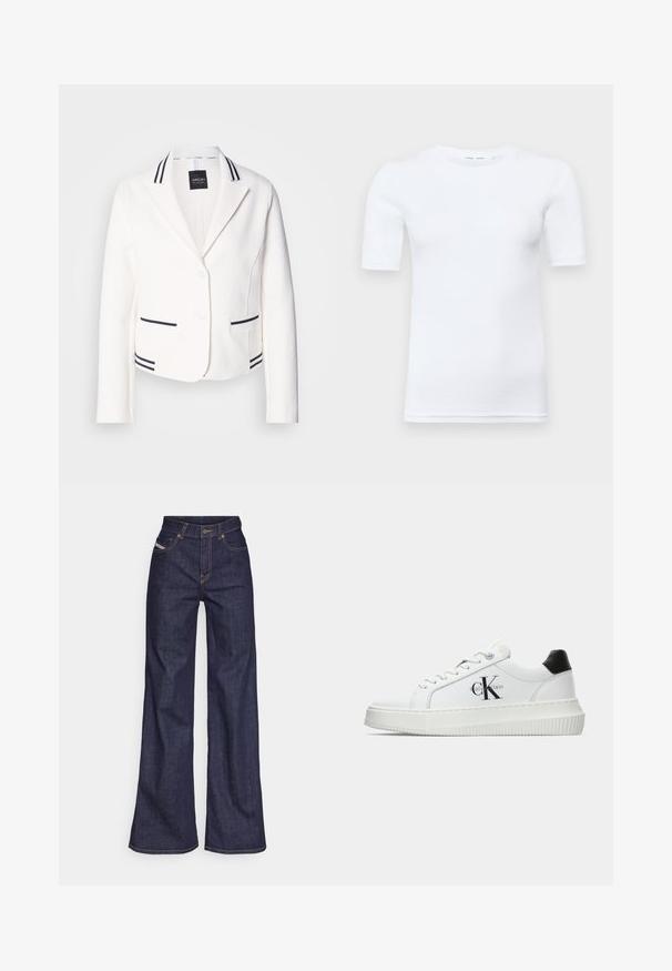 Blazer blanc court avec un revers cranté, deux poches à rayures noires et des finitions assorties. Présente deux boutons et une texture lisse.; T-shirt blanc à manches courtes en coton. Il présente un col rond et une texture lisse, avec des coutures minimales visibles à l'ourlet.; Jeans ample bleu foncé en denim avec taille haute, ornés de surpiqûres orange, d'un design à cinq poches et d'une fermeture à bouton.; Baskets basses blanches avec un tab de talon noir, semelle plateforme, lacets et logo "CK" de Calvin Klein sur le côté.