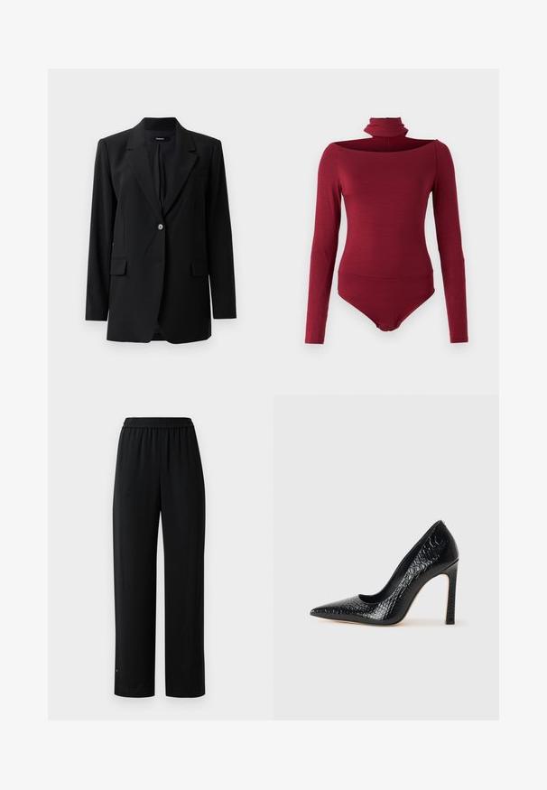 Juodas švarkas su įpjovimu ant atlapų, vieno mygtuko užsegimu, dviem priekinėmis kišenėmis ir subtilia tekstūra. Tinkama formaliam dėvėjimui pritaikyta pritaikyta forma.; Ilgas rankoves bodidė su aukštu apykakle ir nugara palikta atvira, vientisos burgundiškos spalvos. Pagaminta iš minkštos, tamprios medžiagos.; Juodos plačios kojinės kelnės, pagamintos iš lygaus audinio su elastinga juosmeniu. Turi tiesų kirpimą ir minimalų detalizavimą. Tinka kasdieniam dėvėjimui.; Juoda smailiakulnė aukšto kulno bateliai su krokodilo odos tekstūra, pasižymintys elegantišku dizainu, aukštu stiletu kulnu ir lygia juoda vidine dalimi.