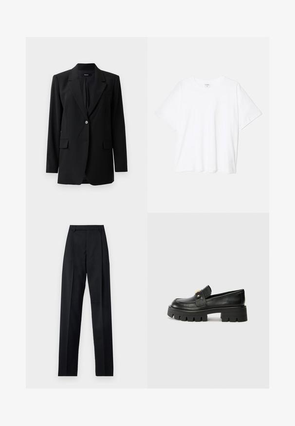 Black blazer with a notched lapel, single-button closure, two front pockets, and a subtle texture. Tailored fit suitable for formal wear.; White cotton t-shirt with short sleeves, round neckline, relaxed fit, and stitched hem. Label visible on the inside neck.; Black trousers made from smooth fabric featuring a high waist, wide legs, front pleats, and classic belt loops. No side pockets visible.; Black leather loafers with a chunky sole, featuring a gold-tone accent on the front and a smooth finish. Chunky tread design on the sole.