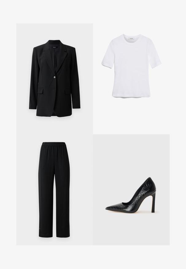 Black blazer with a notched lapel, single-button closure, two front pockets, and a subtle texture. Tailored fit suitable for formal wear.; White short-sleeve t-shirt made of ribbed fabric. Round neckline, regular fit, and subtle stitching details. No patterns or graphics.; Black wide-leg pants made of smooth fabric with an elastic waistband. Features a straight cut and minimal detailing. Suitable for casual wear.; Black pointed-toe high heel shoe with a crocodile-skin texture, featuring a sleek design, high stiletto heel, and smooth black interior.