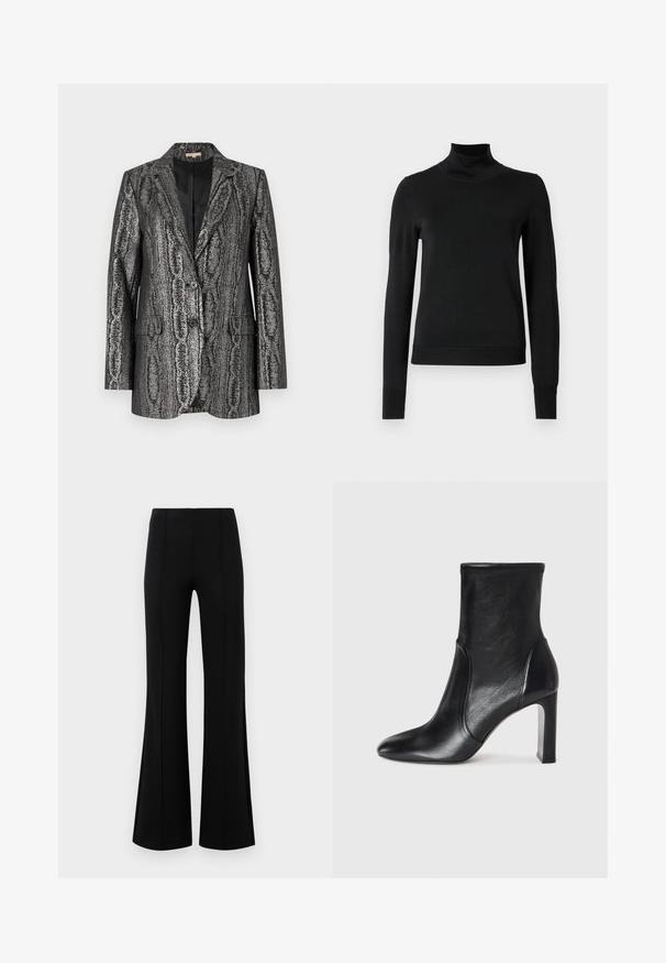 Blazer текстurato nero e argento con colletto a rever, due bottoni e tasche frontali. Il materiale ha una lucentezza metallica e un motivo astratto.; Pullover nero a maniche lunghe con collo alto, rifinito con polsini e orlo a coste, mostrato su uno sfondo bianco semplice.; Pantaloni neri a zampa d'elefante con vita alta, realizzati in tessuto elastico. Presentano dettagli di cucitura verticale nella parte anteriore e una texture liscia.; Stivale alla caviglia in pelle nera con un design elegante, punta affusolata e tacco alto a blocco. Presenta una texture liscia e dettagli di cucitura minimalisti.