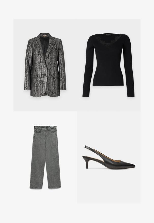 Schwarze und silberne strukturierte Blazer mit Reverskragen, zwei Knöpfen und Fronttaschen. Das Material hat einen metallischen Glanz und ein abstraktes Muster.; Schwarzes langärmliges Rippoberteil mit V-Ausschnitt und Spitzenakzenten. Der Stoff hat eine glatte, enganliegende Textur, die sich gut für Lagenlooks eignet.; Hoch geschnittene graue Jeans mit geradem Bein, Knopf- und Reißverschluss, Gürtelschlaufen sowie Vorder- und Gesäßtaschen.; Schwarzer Slingback-Pumps aus Leder mit spitzer Schuhspitze und niedrigem Kitten-Heel, von der Seite vor schlichtem weißem Hintergrund gezeigt.