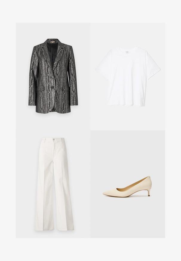 Crni i srebrni sako s teksturom koji sadrži rever kragnu, dva gumba i prednje džepove. Materijal ima metalni sjaj i apstraktni uzorak.; Bijela pamučna majica s kratkim rukavima, okruglim izrezom, opuštenim krojem i šivenim rubom. Etiketa je vidljiva na unutarnjoj strani vrata.; Bijele široke hlače izrađene od pamuka s glatkom teksturom. Imaju prednji gumb, patentni zatvarač i dizajn s četiri džepa.; Bež cipele s špicastim nosom izrađene od glatkog sintetičkog materijala, s niskom petom i dizajnom za lako obuvanje, s diskretnim detaljem na stražnjem dijelu.