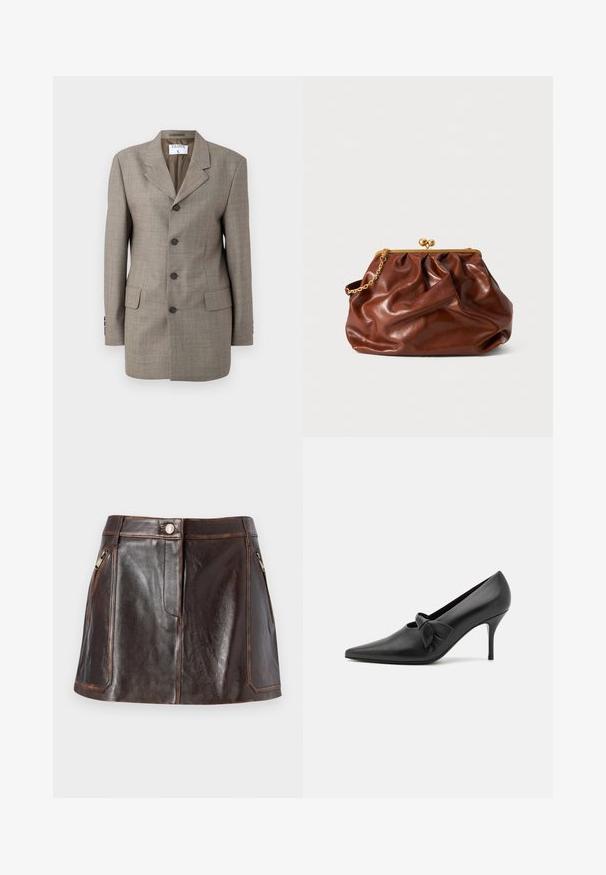 Bruin geruite blazer met een enkelvoudige sluiting, geknipte revers, vijf knopen en twee voorkanten zakken. Glad textuur met een getailleerde pasvorm.; Beige gebreide trui met een half-rits kraag, geribbeld textuur en lange mouwen. Heeft een cropped pasvorm en een zachte, warme stof.; Bordeaux satijnen overhemd met lange mouwen, puntige kraag en knoopsluiting aan de voorkant, plat weergegeven tegen een witte achtergrond.; Bruine leren mini-rok met een slank ontwerp, twee ritszakken aan de zijkanten en contrasterende steken langs de randen.; GIABORGHINI ARTEMIS - Klassieke pumps - black; Bruine leren clutch met een gouden sluiting en een korte gouden schakelhandle, met een zachte, geplooide textuur op een witte achtergrond.