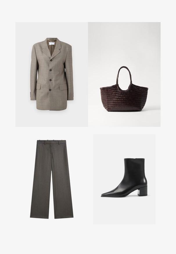 Blazer à carreaux marron avec un design à boutonnage simple, des revers crantés, cinq boutons et deux poches avant. Texture lisse avec coupe ajustée.; Massimo Dutti RIBBED CREW NECK - Pullover - LIGHT BROWN; Pantalons larges en gris foncé, présentant un subtil motif de rayures. Fabriqués dans un tissu lisse avec un devant plat et des passants de ceinture.; Bottine en cuir noir avec un bout pointu, texture lisse et un talon bloc moyen. Design minimaliste, fermeture éclair à l'arrière.; Sac fourre-tout tissé marron avec un sommet arrondi et deux poignées. Présente un motif texturé avec une structure large et ouverte pour un accès facile.