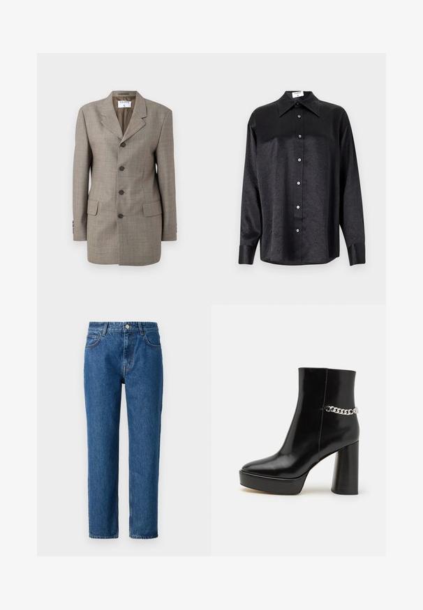 Barna kockás blézer, egysoros kialakítással, kihajtott gallérral, öt gombbal és két elülső zsebbel. Sima textúra, testre szabott fazon.; Fekete, hosszú ujjú ing, galléros nyakkal, gyűrött textúrával, teljes gombos elejével és mandzsettákkal. Simaságú anyagból készült.; Kék farmernadrág egyenes fazonnal, gombos záródással, övbuclemmel és elülső zsebekkel. Texturált pamutszövetből készült.; Fekete lakk bőr bokacsizma vastag talppal és magas blokksarkúval. Az oldalon ezüst lánc részlet található. Simított felület.