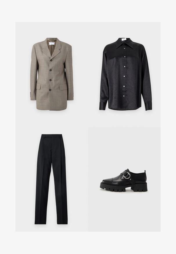 Brown plaid blazer with a single-breasted design, notched lapels, five buttons, and two front pockets. Smooth texture with tailored fit.; Black long-sleeve shirt with a collared neckline, featuring a crinkled texture, full button front, and cuffs. Made from a smooth fabric.; Black trousers made from smooth fabric featuring a high waist, wide legs, front pleats, and classic belt loops. No side pockets visible.; Black leather shoes with a chunky, ribbed sole, featuring a circular silver hardware accent and minimal stitching detail.
