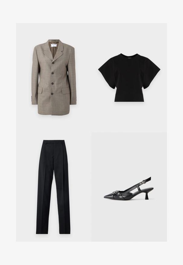Brown plaid blazer with a single-breasted design, notched lapels, five buttons, and two front pockets. Smooth texture with tailored fit.; Black cropped t-shirt made of cotton, featuring short, wide sleeves and a round neckline with a smooth texture and minimalist design.; Black trousers made from smooth fabric featuring a high waist, wide legs, front pleats, and classic belt loops. No side pockets visible.; Black leather slingback shoe with a pointed toe, decorative straps featuring metal eyelets, and a low block heel. Textured surface.