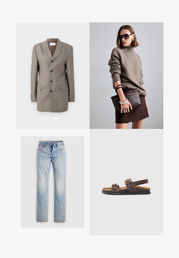 Hnědý kostkovaný blazer s jednořadým designem, s klopami, pěti knoflíky a dvěma předními kapsami. Hladká textura s přizpůsobeným střihem.; Bílá bavlněná trička s krátkým rukávem, klasickým výstřihem a volným střihem. Hladká textura a jednoduchý design, bez vzorů nebo akcentů.; Světle modré džíny z denimu s rovnými nohavicemi, pěti knoflíky v pase a zadními kapsami s jemným prošíváním.; Hnědé kožené sandály s dvěma nastavitelnými popruhy a kovovými přezkami, s polstrovanou stélkou a flexibilní černou gumovou podrážkou.; DRAGON DIFFUSION MINI FLAT GORA - Kabelka - dark brown