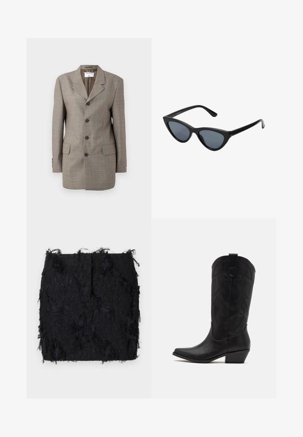 Blazer à carreaux marron avec un design à boutonnage simple, des revers crantés, cinq boutons et deux poches avant. Texture lisse avec coupe ajustée.; Deux tops à col roulé sans manches en marron et noir, présentés sur un fond blanc uni.; Jupe noire texturée avec un design à franges superposées et un ourlet légèrement irrégulier, fabriquée en tissu léger.; Botte de cowboy en cuir noir avec un bout pointu, un talon bas empilé et un motif de feuilles embossé complexe sur la tige. Boucle en haut pour un enfilage facile.; Lunettes de soleil noires en forme d'œil de chat avec des verres gris foncé, monture en plastique élégante, coins pointus et branches droites. Pas de métal visible ni d'accents.; Sac à main en cuir bordeaux avec une forme incurvée, accents dorés sur la quincaillerie et une fermeture éclair. Dispose d'une bandoulière amovible.