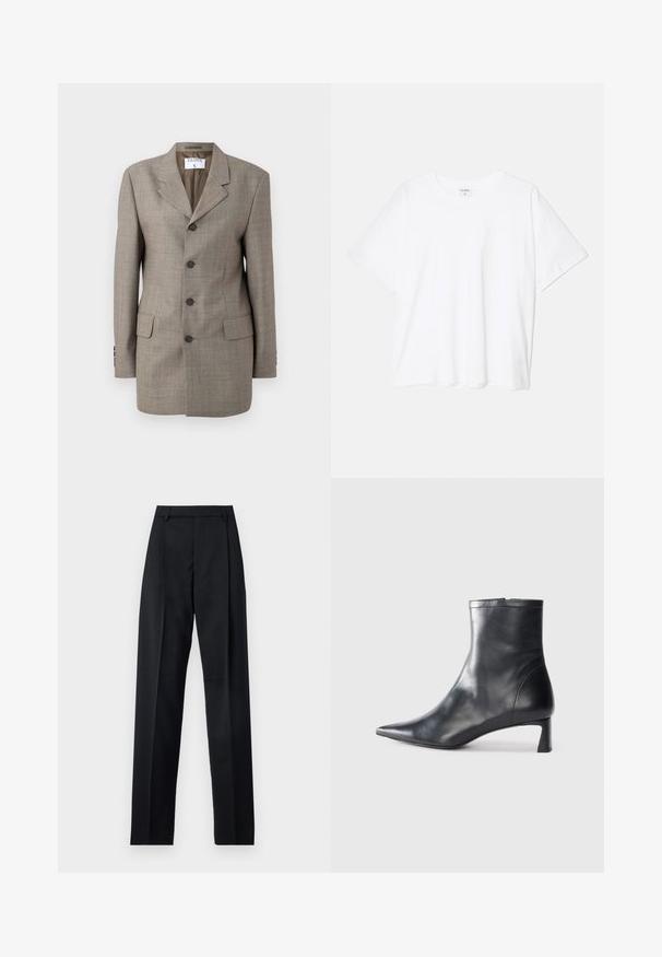 Brun rutig blazer med en enkelknäppt design, snedskurna slag, fem knappar och två framfickor. Slät textur med skräddarsydd passform.; Vit bomull t-shirt med kort ärm, rund halsringning, avslappnad passform och söm i nederkant. Etikett synlig på insidan av halsen.; Svarta byxor i mjukt tyg med hög midja, vida ben, framfickor och klassiska bältesöglor. Inga sidofickor synliga.; Svart läder ankelboot med spetsig tå och en smidig design. Har en låg klack och en dragkedjestängning bak. Slät textur.