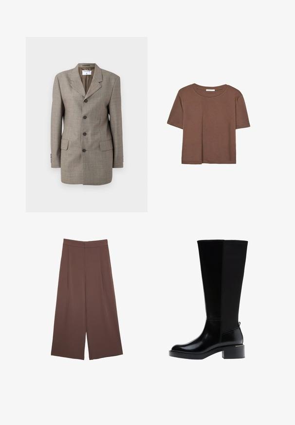 Hnedá károvaná sako s jednoradovým zapínaním, klopovými goliermi, piatimi gombíkmi a dvoma prednými vreckami. Hladká textúra s priliehavým strihom.; Hnedé tričko s krátkym rukávom vyrobené z jemného materiálu, s okrúhlym výstrihom a voľným strihom. Žiadne viditeľné vzory ani akcenty.; Hnedé nohavice so širokými nohavicami a hladkou textúrou, s vysokým pásom a prednými skladmi. Tkanina je ľahká a voľne sa pohybuje.; Čierna čižma po kolená s hladkým koženým povrchom, výrazným šitím, masívnym podpätkom a textúrovaným zadným panelom pre väčší záujem.
