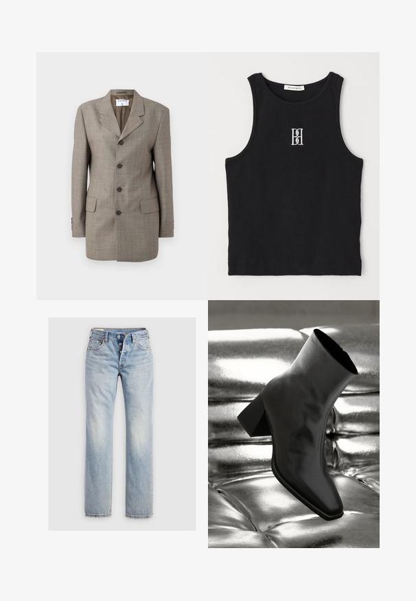 Blazer a quadri marrone con design a un bottone, rever a punta, cinque bottoni e due tasche frontali. Texture liscia con vestibilità su misura.; Canotta nera a costine con scollatura rotonda e logo ricamato in bianco. Il tessuto ha una texture liscia con una forma aderente.; Jeans in denim blu chiaro con design a gamba dritta, chiusura con cinque bottoni e tasche posteriori con dettagli di cucitura sottili.; Stivale alla caviglia nero realizzato in materiale lucido con punta quadrata e tacco affusolato, posizionato su uno sfondo argentato lucido con imbottiture a sfera.