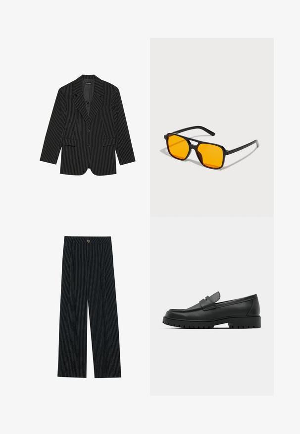 Musta viivapinnoitteinen bleiseri, jossa on lovettu kaulus, yhden napin suljenta, kaksi etutaskua ja hieman ylisuuri istuvuus. Silkkinen, muotoiltu kangas.; Harmaa farkkupaita, jossa on napitettava etuosa, pitkät hihat ja terävä kaulus. Siinä on kaksi etutaskua ja rento istuvuus.; Mustat raidalliset leveälahkeiset housut, jotka on valmistettu teksturoidusta kankaasta. Niissä on etu nappisulku ja pleatatut yksityiskohdat, jotka lisäävät kiinnostavuutta.; Musta nahkaloafers, joissa on pyöreä kärki, ommeltu pinta, matala alusta ja kuvioitu, kuminen ulkopohja.; Mustat suorakulmaiset aurinkolasit, joissa on voimakkaat oranssit linssit. Ominaisuuksiin kuuluu ainutlaatuinen silta-design ja tyylikkäät varret, jotka on valmistettu kevyestä materiaalista.; Musta kangaspussi, jossa on teksturoitu, tikkikuvio. Pyöreä muoto, lyhyet, paksut kahvat ja pehmeä, joustava rakenne.