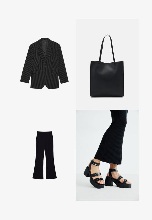 Musta viivapinnoitteinen bleiseri, jossa on lovettu kaulus, yhden napin suljenta, kaksi etutaskua ja hieman ylisuuri istuvuus. Silkkinen, muotoiltu kangas.; Mustat lyhytaukkoiset t-paidat, jotka on valmistettu pehmeästä puuvillasta, pyöreällä kaula-aukolla ja rennolla istuvuudella. Ei näkyviä kuvioita tai koristeita.; Mustat leveälahkeiset housut, joissa on korkea vyötärö ja ei näkyviä taskuja tai nappia, esiteltynä valkoista taustaa vasten.; Mustat alustossut, joissa on paksut, uritetut pohjat ja useita hihnoja, varustettuna metallisilla soljilla ja sileällä nahkamaisten materiaalien pinnalla.; Mustapahkainen kangaskassi, jossa on sileä pinta, suorakaiteen muotoinen ja kaksi pitkää kahvaa. Ei näkyvää metalliosaa tai koristeita.