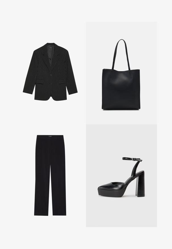 Must have mustrisestega jope, millel on nurgelapelsed, ühe nööbiga kinnitamine, kaks esist taskut ja veidi üleliigne sobivus. Sile, kohandatud kangas.; Must muströöpidega must puuvillane T-särk, vasakul rinnal on väike roosa liblikas. Ümar kaelus ja vabalt istuv lõige.; Mustad sametpüksid sirge lõikega, lame vöökoht, ilma nähtavate taskuteta, sile tekstuur ja vertikaalne soonikute detail.; Mustad platvormi kontsad terava ninaga ja reguleeritava pahkluuraamiga. Valmistatud siledast nahast, funktsioneerib massiivse plokknäheeliga.; Mustast nahast kott sujuva tekstuuriga, ristkülikukujuline ja kahe pika sangaga. Pole nähtavat riistvara ega kaunistusi.