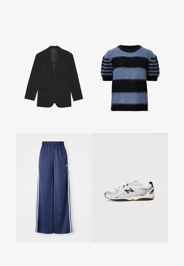 Svart randig kavaj med slag, enkelknapps-stängning, två framfickor och en något oversize passform. Slät, skräddarsyddt tyg.; Kortärmad tröja i blandade blå och svarta nyanser, med tjocka horisontella ränder och en mjuk, lurvig textur. Rund halsringning och avslappnad passform.; Mörkblå byxor med vida ben och vertikala vita ränder, elastisk midja och tre vita ränder längs varje sida, tillverkade av ett lätt material.; Grå och vit träningssko med rundad tå, mesh och syntetiska material, svarta accenter och en texturerad gummisula.