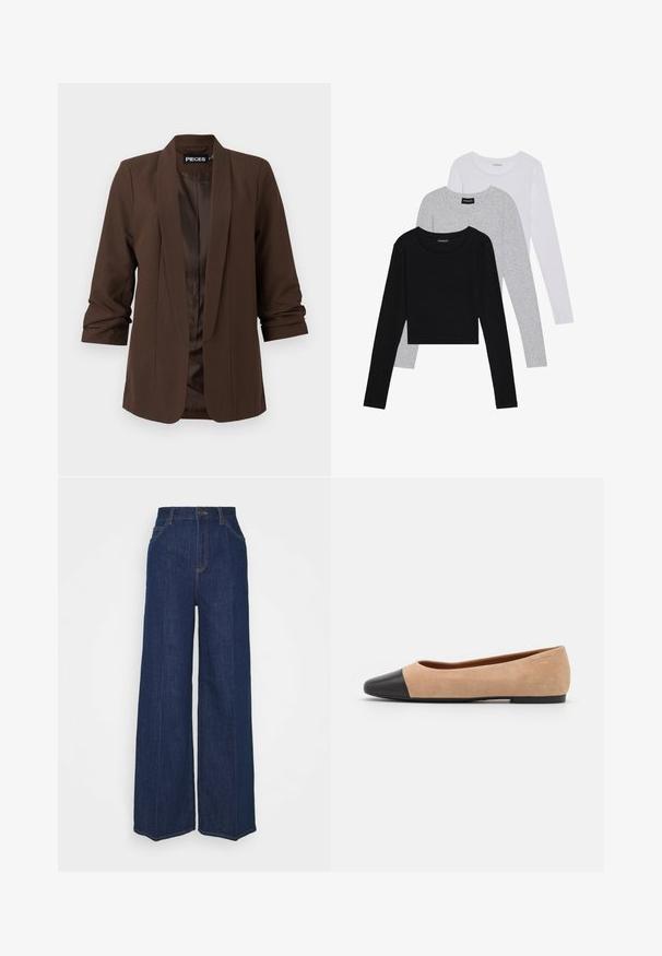 Mørkebrun skreddersydd blazer med sjalkrage, trekvart lange ermer og en glatt satinfôring, med et minimalistisk design.; Tre lange ermer t-skjorter stablet: svart, grå og hvit. Hver har en rund hals og et kort design med glatt, lett stoff.; Høyt liv vidbukse i mørk blå denim med front- og baklommer, knappelukking, og synlige sømdetaljer.; Beige semsket ballettsko med svart lær rund tåhette, lav hæl og glatt tekstur, med minimal søm og et rent design.