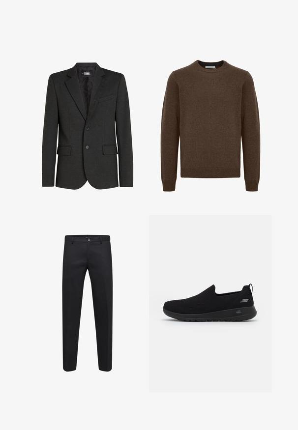 Söehall-sinine bleiser, mis on valmistatud tekstureeritud kangast, ühekohalise sulgemisega, notch-lapeltega ja kahe esipoole taskuga. Sukelduv sisekate.; Pruun kudumissedel, ümmarguse kaeluse, pikkade varrukate, soonikkoes krae ja hemiga. Valmistatud pehmest, tekstuurist materjalist. Mustrid ja aksessuaarid ei ole nähtavad.; Mustad kohandatud püksid, mis on valmistatud siledast kangast ja millel on nööbilukk, vöökonksud ning küljetaskud, otse jalgade disainiga.; Mustad musta libisemisega sneaker, millel on hingav võrkkate, ümar varvas ja pehmendatud kummist tald. Külgedel on logo.