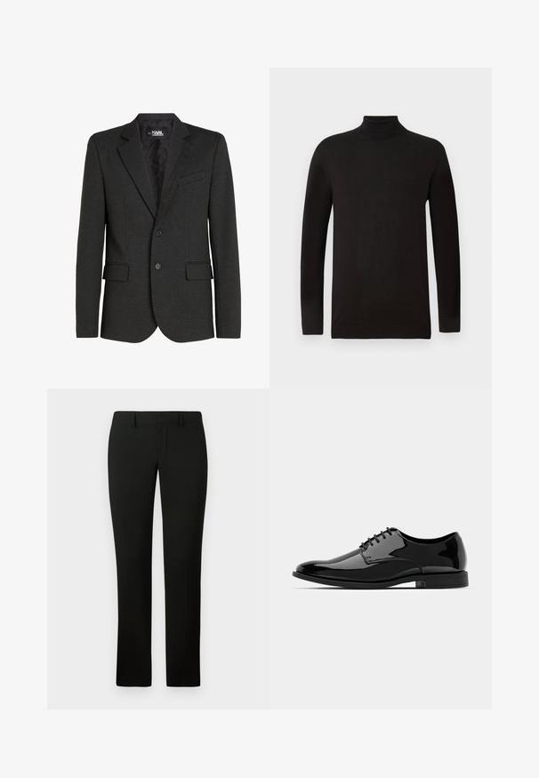 Anglies pilkos spalvos švarkas, pagamintas iš tekstūruoto audinio, su vienu mygtuku, išpjautomis apykaklėmis ir dviem priekinėmis kišenėmis. Su įdėklu iš jaukiai patogaus audinio.; Juodas merinos vilnos megztinis su aukšta apykakle. Ilgos rankovės ir prigludęs siluetas su gaubtu ir apačia sudarytais iš įripto audinio. Minimalus ženklinimas.; Juodos kelnės su pritaikytu šiuolaikiniu siluetu, pasižyminčios sklandžiu paviršiumi ir tiesaus kirpimo dizainu. Juosmuo turi diržo kilpas ir tvarkingą apdailą.; Juodas lakinės odos suknelės bateliai su apvaliu priekiu, su raišteliais ir lygiu, blizgiu paviršiumi. Turi žemą guminį padas.