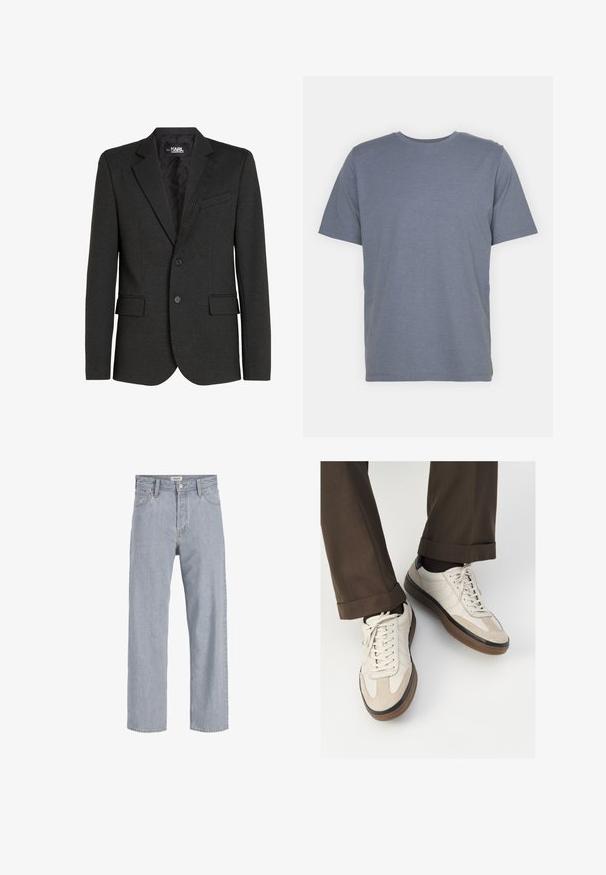 Blazer gris carbón hecho de tela texturizada, con cierre de un botón, solapas con muesca y dos bolsillos frontales. Forro interior acolchado.; Camiseta gris de manga corta con cuello redondo, hecha de una suave mezcla de algodón. Diseño simple, sin patrones ni acentos.; Jeans de mezclilla azul claro con un ajuste holgado, diseño de pierna recta, costuras visibles, dos bolsillos frontales y cierre de botón.; Zapatillas beige con un frente de ante texturizado, lados de cuero liso y suela de goma marrón. Incluyen cordones y un detalle de costura ligera.