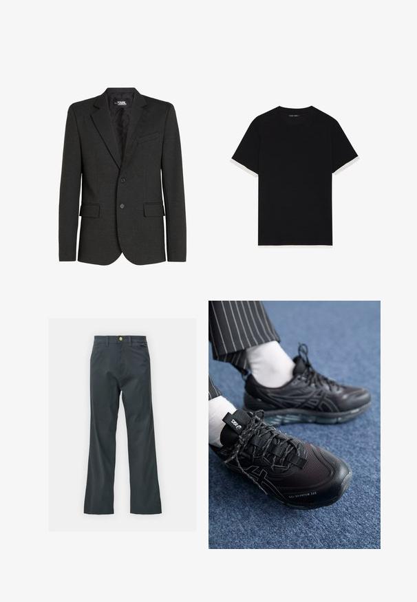 Söehall-sinine bleiser, mis on valmistatud tekstureeritud kangast, ühekohalise sulgemisega, notch-lapeltega ja kahe esipoole taskuga. Sukelduv sisekate.; Musta lühikeste varrukatega t-särk tekstuursete kangastega, millel on valged aktsendid käistelt. Ümar kaelus, mugav lõige.; Mustad püksid sirge säärega, valmistatud puuvillasegistuse kangast. Omavad metallist nööbiga sulgemist ja küljetaskuid. Ilma nähtavate mustriteta.; Mustad mustandusjalatsid, millel on tekstuuriga ülemine osa ja tumedad paelad. Omavad läbipaistvat geelilist tallat. Kanda valgete sokkide ja triibuliste pükstega.