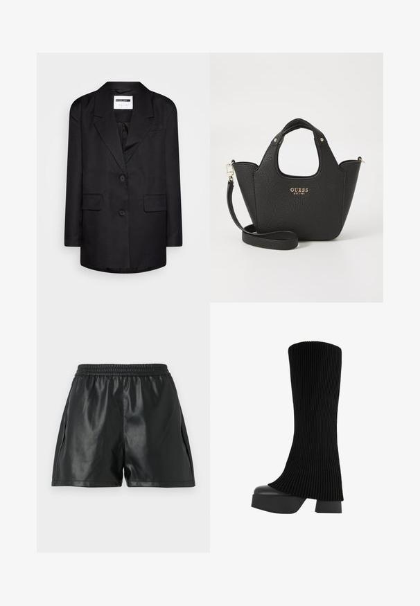 Črn krojen blazer z razrezanim reverjem, enojnim gumbom, dvema sprednjima žepoma in gladko teksturo. Minimalistična zasnova, nekončana notranjost.; Siva rebrasta jopica z dolgimi rokavi in krojnim izrezom. Narejena iz teksturirane pletenine, vachetelj ajt fit.; Črne umetne usnjene hlače s elastičnim pasom, ki imajo gladko teksturo in ohlapen kroj. Brez vidnih vzorcev ali okrasnih elementov.; Črne škornje do kolen z raščlenjeno zgornjo plastjo iz blaga, debelim platformskim podplatom in blok peto, ki ima gladko teksturo in eleganten, sodoben dizajn.; Črna torbica z teksturiranim materialom, kratkimi ročaji in snemnim naramnim trakom. Značilna je zlatim logotipom. Kompaktna, strukturirana oblika.