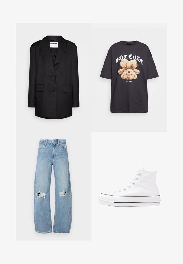 Zwarte op maat gemaakte blazer met een gesneden revers, sluiting met één knoop, twee voorzakken en een gladde textuur. Minimalistisch ontwerp, ongevoerd interieur.; Zwart oversized t-shirt met een afbeelding van een beer en de tekst "NIET SCHATTIG, MAAR WILD" in grote, witte letters. Gemaakt van katoen.; Lichtblauwe, hooggeritste jeans van denim. Beschikken over wijde pijpen, twee gescheurde knievalken en klassieke vijfzakken styling.; Witte high-top canvas sneakers met een zwarte rubberen zool, een rubberen neuskap aan de voorkant en zes gaatjes voor veters, met een schone, minimalistische uitstraling.