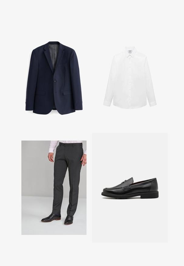 Marineblaues Blazer aus glattem Stoff, mit einer Zwei-Knopf-Front, Reverskragen und zwei Fronttaschen in gerader Schnittform.; Weißes Langarmhemd aus glattem Stoff, mit klassischem Kragen, Knopfleiste und abgerundetem Saum. Minimalistisches Design ohne Muster.; Grau maßgeschneiderte Hosen mit glatter Textur, flachem Vorderteil und Gürtelschlaufen, kombiniert mit schwarzen Schnürschuhen.; Schwarze synthetische Slipper mit einer markanten gesteppten Vorderseite, gepolstertem Fußbett und flacher Gummisohle; schlankes Design mit minimaler Detailverarbeitung.